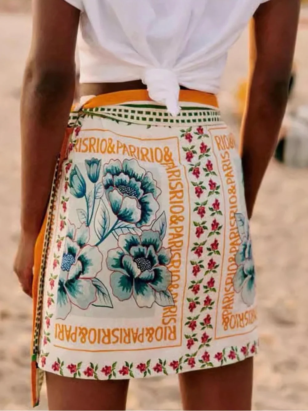 Amazon Floral Wrap Mini Skirt in Cream and Teal with Gold Accents